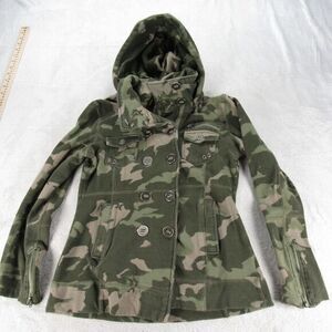 Hurley Jacket Womens Small‎ Green Camouflage Cotton Hooded Double Breasted